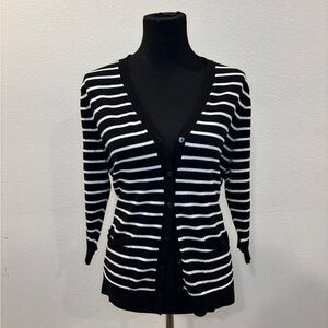 Black & White Striped V-Neck Button Cardigan Sweater